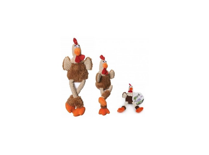 GoDog Checkers - Skinny Rooster Chew Guard Squeaky Plush Dog Toy Brown Large