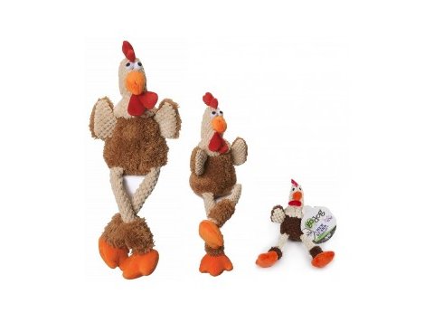 GoDog Checkers - Skinny Rooster Chew Guard Squeaky Plush Dog Toy Brown Large