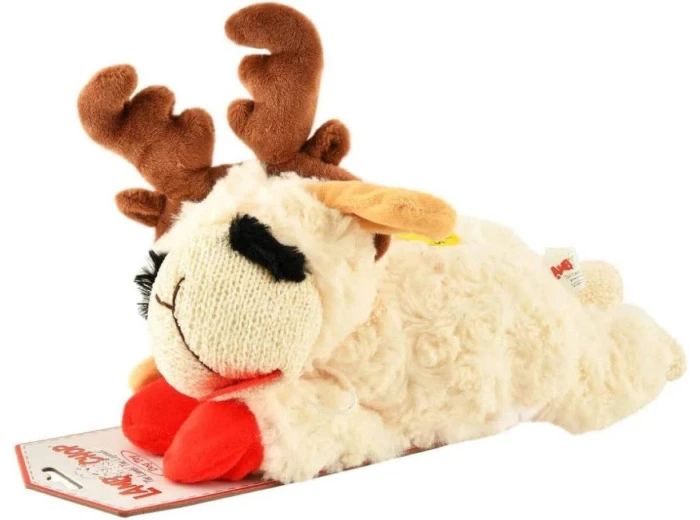 Multipet Holiday Lamb Chop With Antlers Plush Dog Toy (2 Sizes Available) Mini 6"