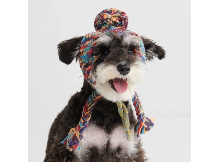 Knit Pom Pom Dog Beanie Hat - Kaleidoscope S (10-15lbs/4.5-7kg)