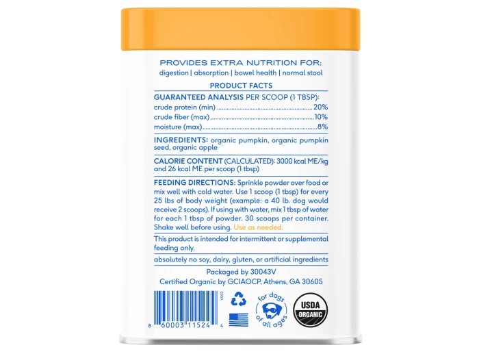 Organic Pumpkin Fiber Powder, Digestive Supplement for Dogs 16 oz