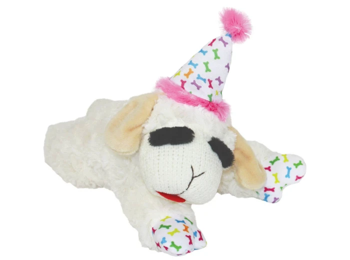 Multipet Lamb Chop w/ Birthday Hat Plush Dog Toy Pink 10.5"