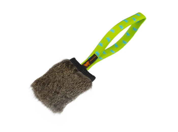 Rabbit Fur Squeaker Tug | Responsibly Sourced | Tug-E-Nuff Purple Pattern Handle