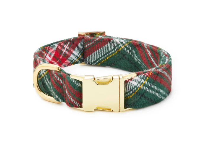 Holly Jolly Flannel Holiday Dog Collar L Gold