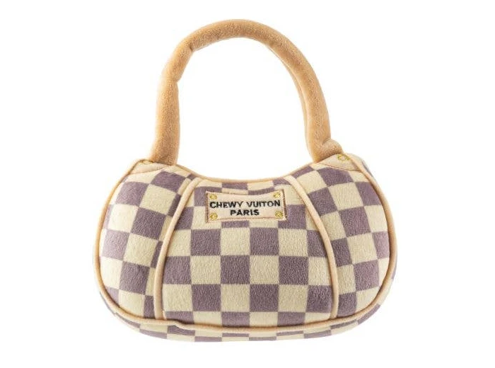 Checker Chewy Vuiton Handbag Squeaker Dog Toy XL