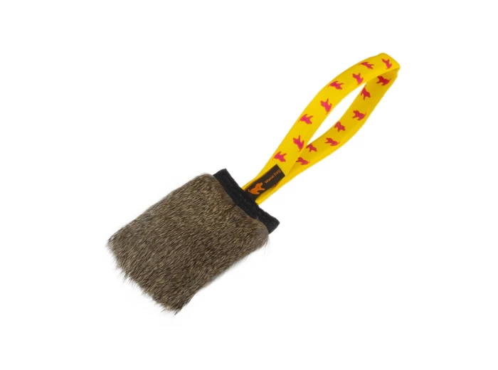 Rabbit Fur Squeaker Tug | Responsibly Sourced | Tug-E-Nuff Yellow Pattern Handle