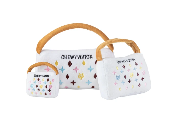 White Chewy Vuiton Purses Squeaker Dog Toy Large