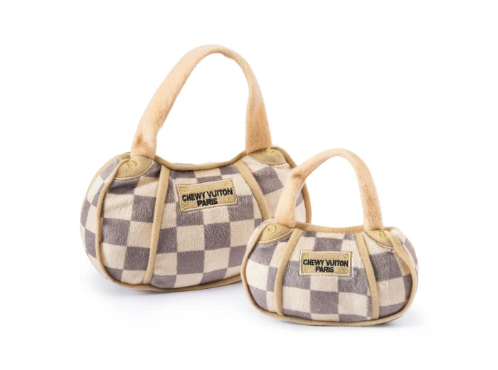 Checker Chewy Vuiton Handbag Squeaker Dog Toy XL