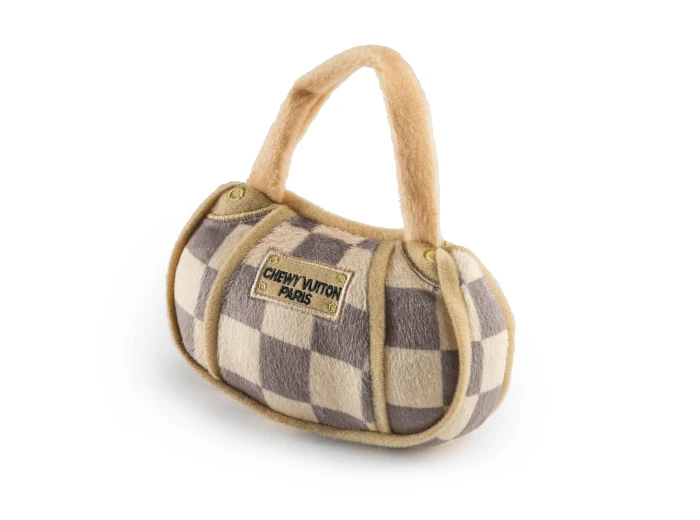 Checker Chewy Vuiton Handbag Squeaker Dog Toy Small Mini