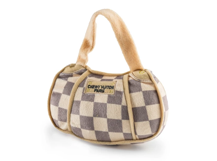 Checker Chewy Vuiton Handbag Squeaker Dog Toy Small Mini