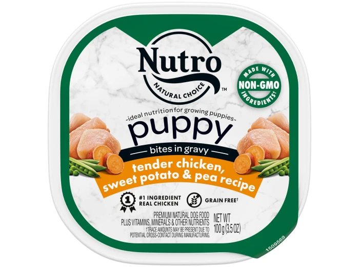 Nutro Products Grain Free Bites in Gravy Puppy Wet Dog Food Tender Chicken, Sweet Potato & Pea 3.5oz. (Case of 24)