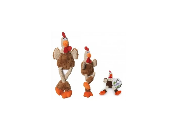 GoDog Checkers - Skinny Rooster Chew Guard Squeaky Plush Dog Toy Brown Small