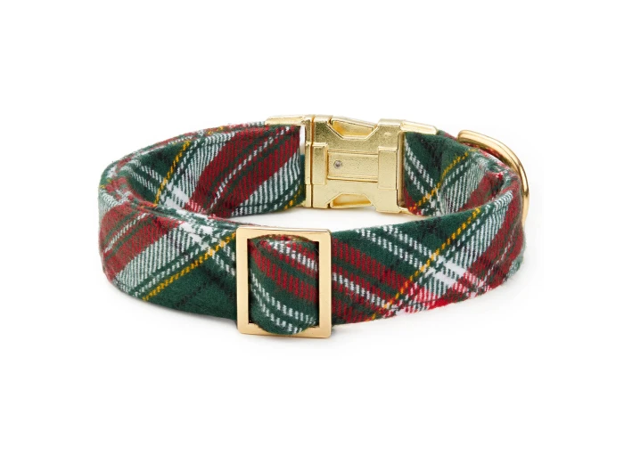 Holly Jolly Flannel Holiday Dog Collar M Gold