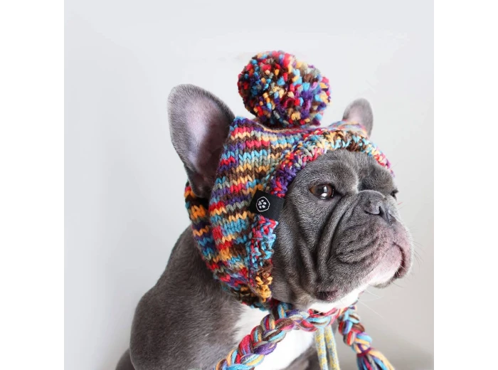 Knit Pom Pom Dog Beanie Hat - Kaleidoscope L (45-100lbs/20-50kg)
