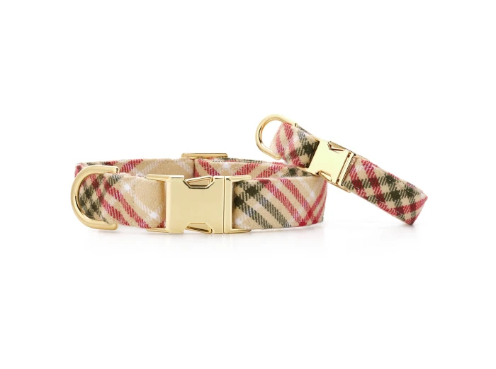 Eggnog Plaid Flannel Holiday Dog Collar L Gold