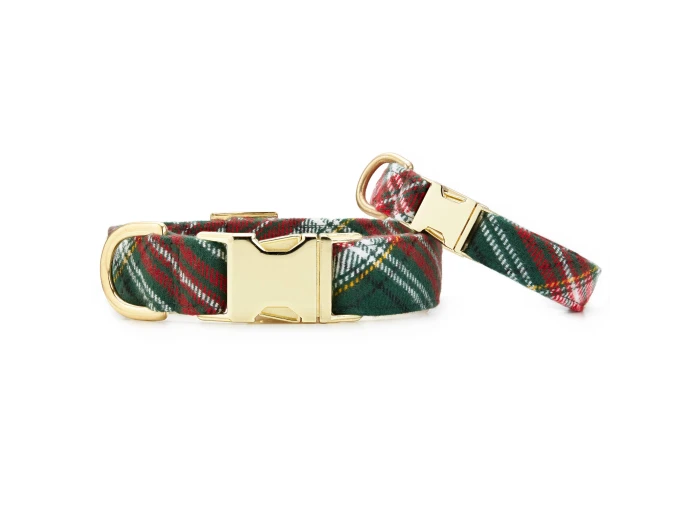 Holly Jolly Flannel Holiday Dog Collar M Gold