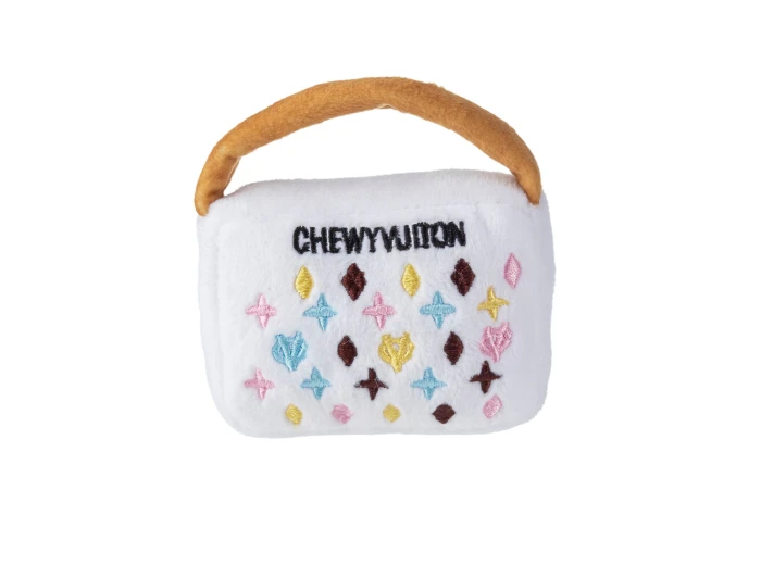 White Chewy Vuiton Purses Squeaker Dog Toy XL