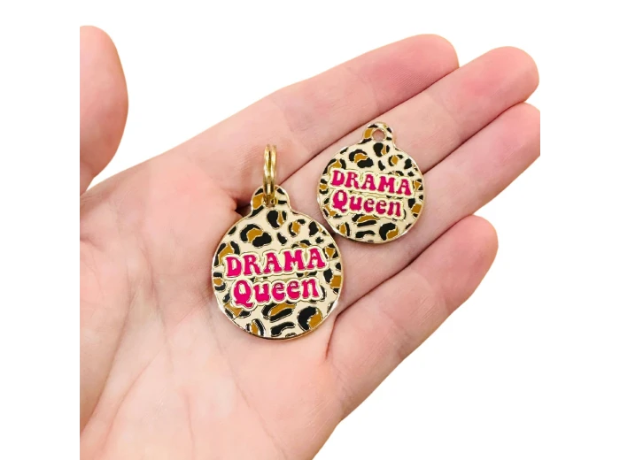 Gold Dog ID Tag with Personalized QR Code - Drama Queen Collar Charm (blank backside)