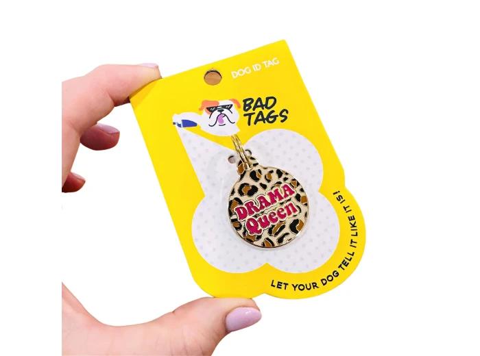 Gold Dog ID Tag with Personalized QR Code - Drama Queen Collar Charm (blank backside)
