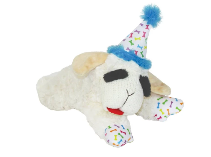 Multipet Lamb Chop w/ Birthday Hat Plush Dog Toy Blue 10.5"