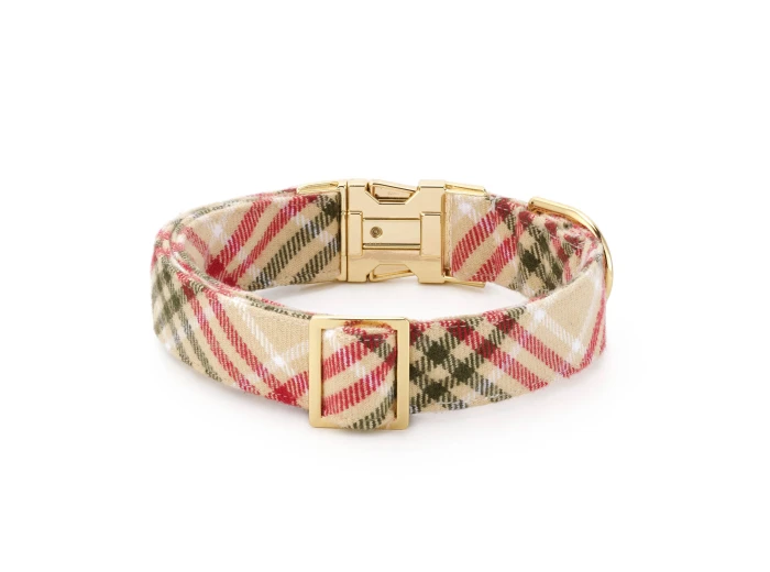 Eggnog Plaid Flannel Holiday Dog Collar L Gold