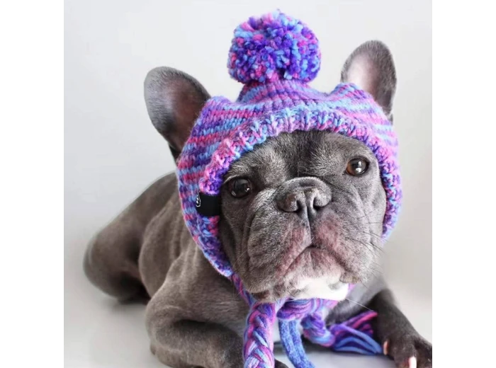 Knit Pom Pom Dog Beanie Hat - Purple & Lavender S (10-15lbs/4.5-7kg)