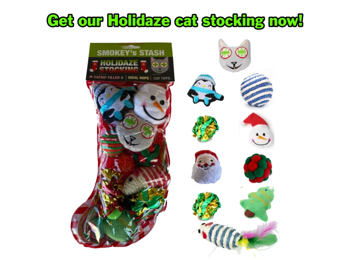 Smokey's Stash Christmas Stockings Stuffed w/12 Catnip Toys